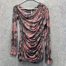 Free People Dress Womens Medium Brown Pink Floral Mesh Ruched Cowl Neck Mini