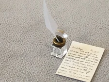 DOLLS HOUSE DESK  LEAD CRYSTAL  INK WELL & QUILL & VICTORIAN PAPER  IN BRONZE