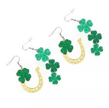 2 Pairs St Patricks Day green gold Clover Horseshoe Shamrock Women's Earrings