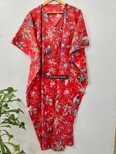 Indian Red Long Bird Print Cotton Hippie Maxi Women Nightwear Caftan Dress