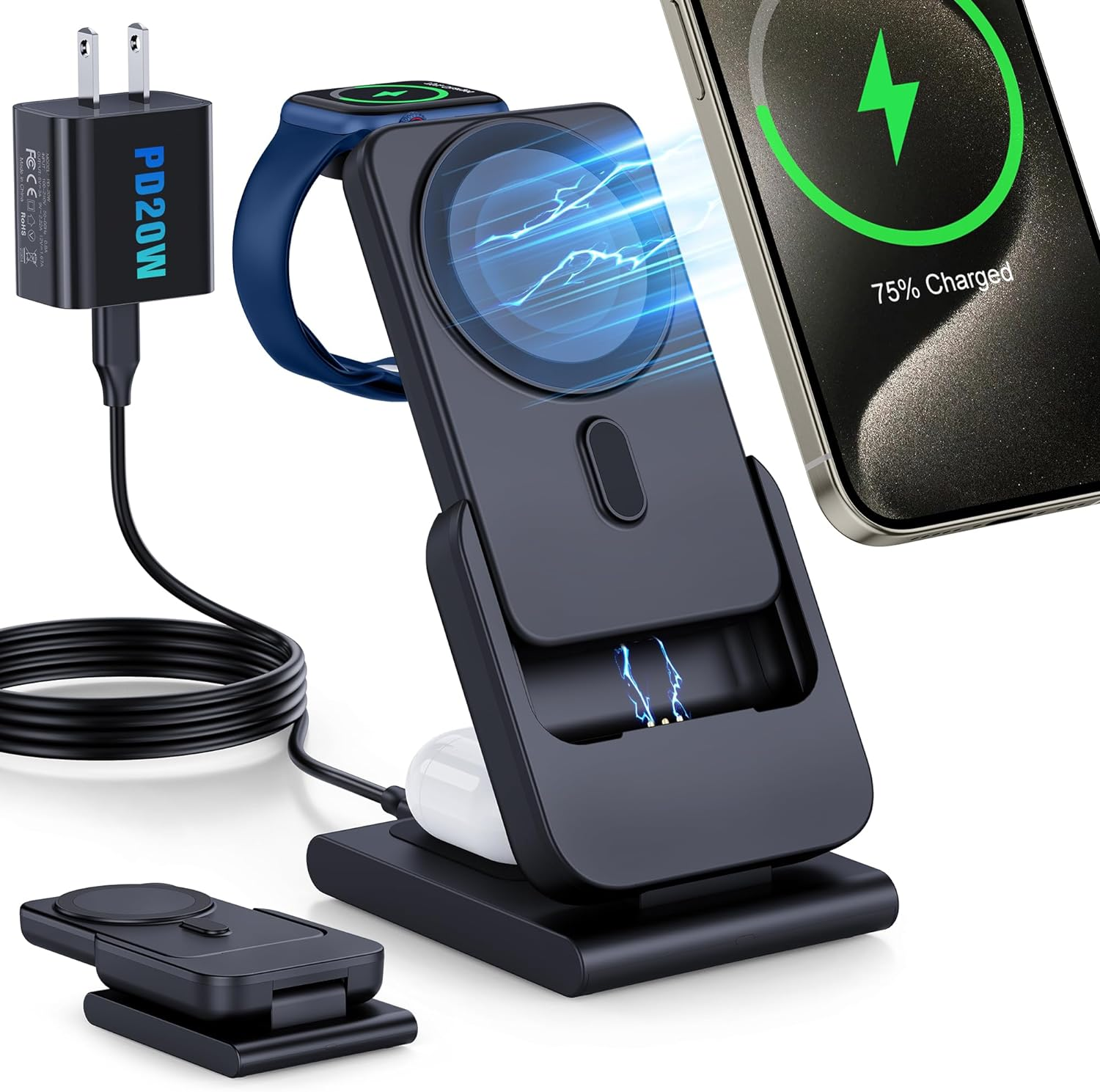 RORRY 3-in-1 Charging Station with 10000mAh Detachable Power Bank for Apple Devices Foldable Design