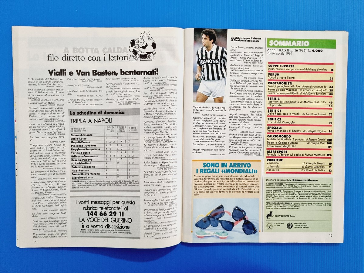 Guerin Sportivo 11-1994 Avec Film Milan Scudetto Capello Vialli Zenga