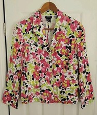 R.Q.T. Blazer/Jacket-Womens Size 8P-Pink/ Green Floral Snap Button Front-Vintage