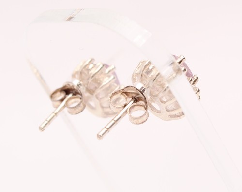 925 Sterling Silver Clear & Purple Stone Set Floral Cluster Stud Earrings - New - Picture 3 of 4