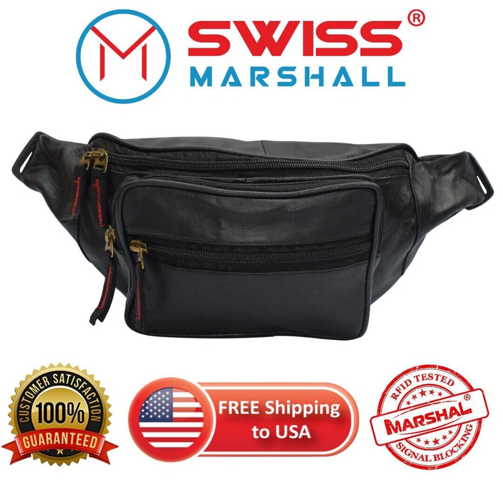 FANNY PACK Black Genuine Leather Waist Bag Travel Purse Hip Belt Carry On Pouch