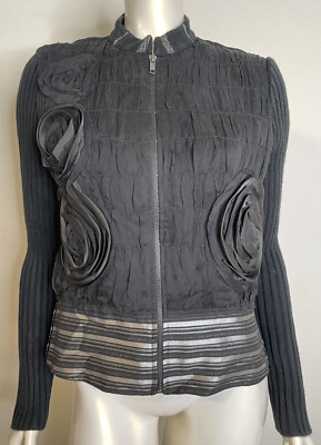 Alberto Makali Silver Black Silk Wool Jacket 10 Ribbed LS Silk Flower Front