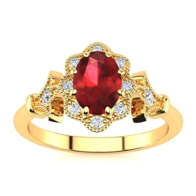 14K Gelbgold 1 Karat ovale Form Rubin und Halo Diamant Vintage Ring