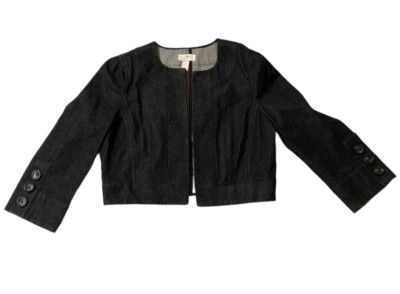 Ann Taylor LOFT Jean Jacket Sz 10 Blue Cropped Collarless 3/4
