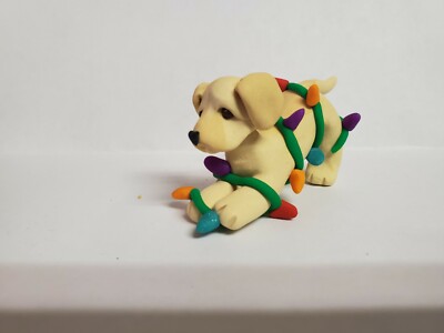 YELLOW LAB Christmas Ornament TANGLED IN LIGHTS Polymer Clay HAND MADE OOAK