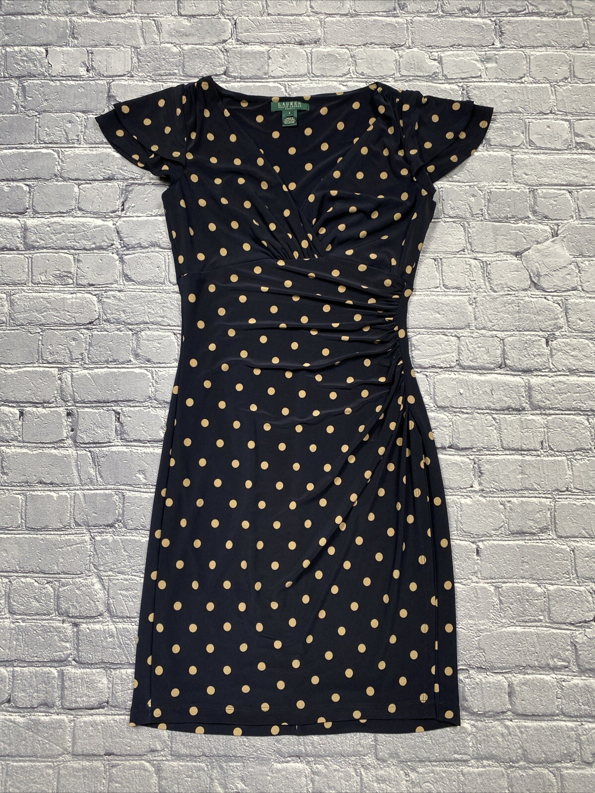 Lauren Ralph Lauren Surplice Ruched Polka Dot Jersey Dress Size 2 Navy Faux Wrap