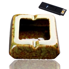 Ashtray for Cigarettes Glossy Ceramic Square + Flameless Lighter! for In/Outdoor
