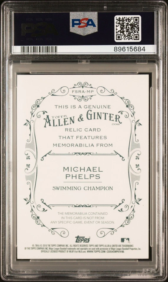 迈克尔·菲尔普签名遗物卡 2016 ALLEN & GINTER 美国奥运会游泳 PSA 9 — 第 2/2 张图片