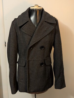 Kenneth Cole Reaction Gray Wool Blend Double Breast Jacket Pea Coat Size 