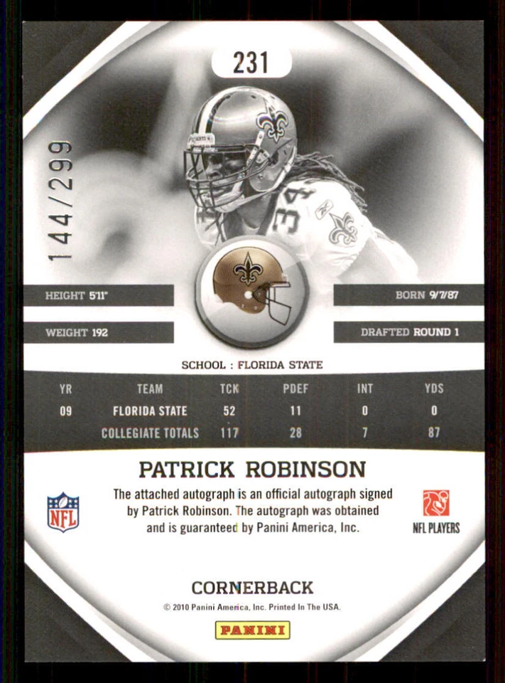 2010 Panini Gridiron Gear AUTO Gold X's #231 Patrick Robinson /299 - Image 2 of 2
