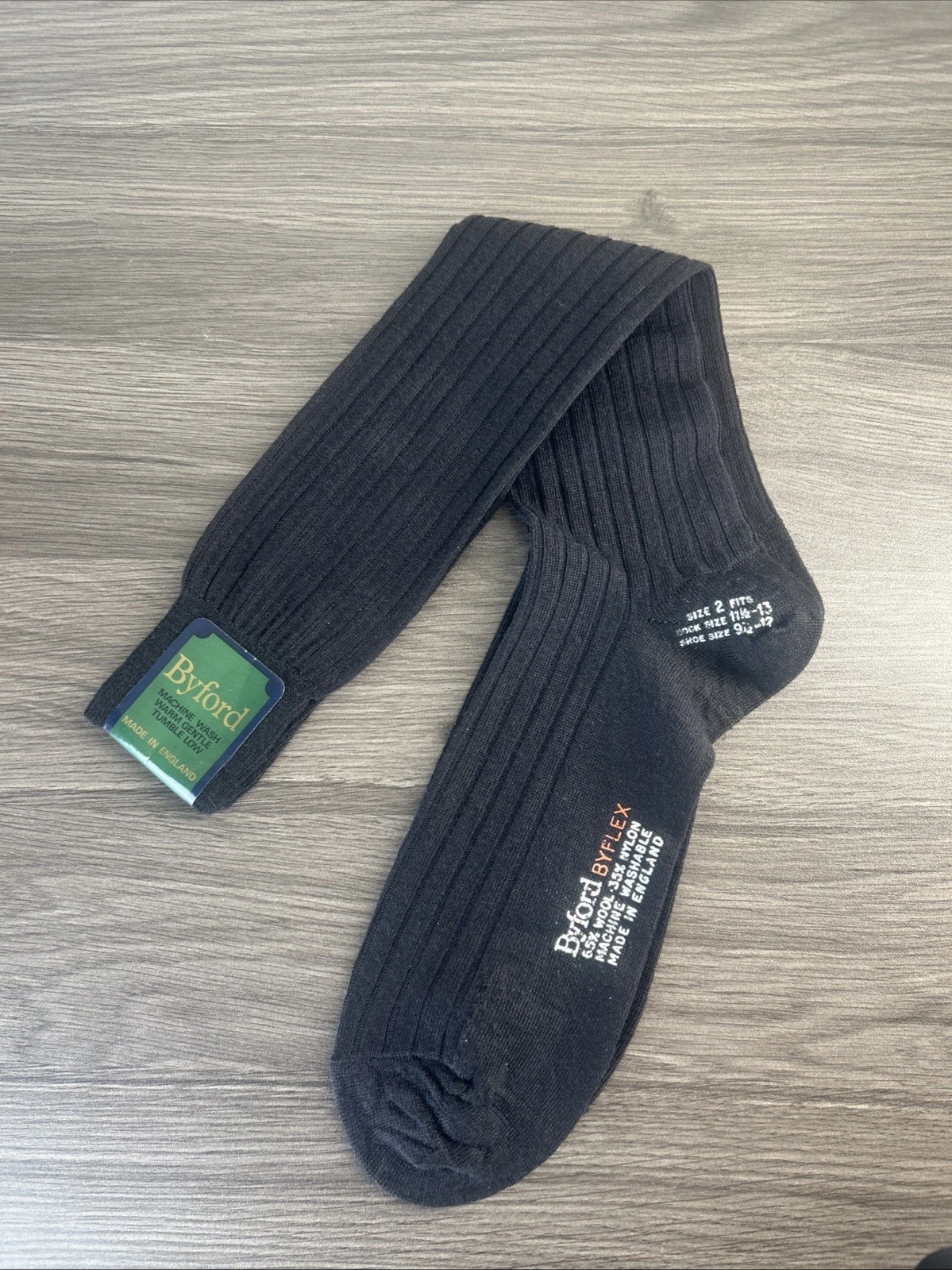 NEW BYFORD WOOL BLEND MENS OVER THE CALF Black DRESS SOCKS SIZE 2 ENGLAND 9.5-12