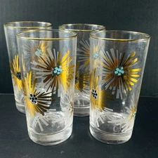 4 VTG Libbey FIRECRACKER Glasses MCM Starburst Gold & Teal Tumblers Barware 5.5"
