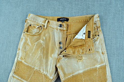 Akoo Jeans Uomo 34x33 Big Oak Fit Beige Sbiancato Denim Invecchiato Bottoni Fly - Foto 4 di 13