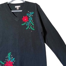 White Stag Holiday Sweater Womens Size XL 16-18 Poinsettia Embroidered Black