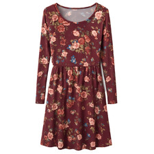 Bluetime Medium Red Floral Swing Dress Pullover Cotton Blend Stretch Waist BOHO