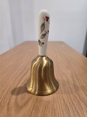 Vintage Brass Bell w/Porcelain Floral/Berry Pattern Handle 7''  Beautiful Sound