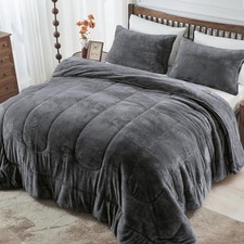 Faux Fur Comforter Set, Luxury Soft Double Sided Fuzzy King Dark Grey