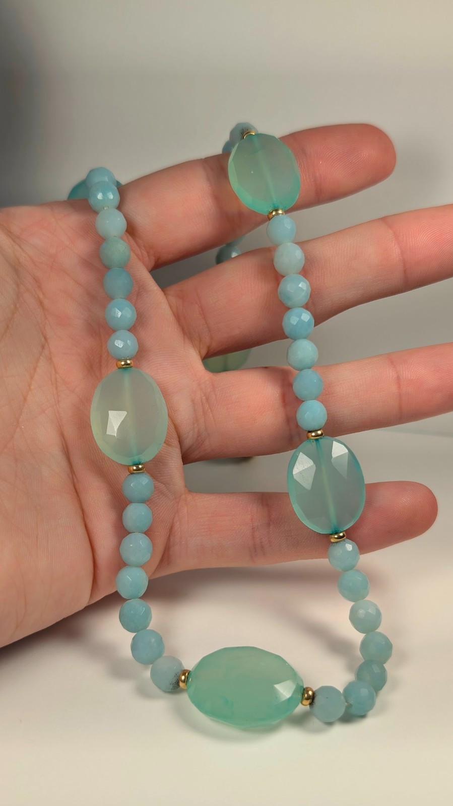 14K Yellow Gold Aqua Green Chalcedony Beaded 18.5