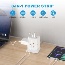Tower Extension Lead with 2USB-C &2 USB Plug Socket Surge Protection Power Strip