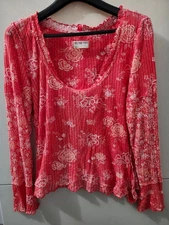 We the Free Top Womens L Red Orange Clover Floral Waffle 100% Cotton Soft Boho