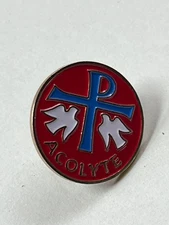 Vintage Red White & Blue Enamel & Goldtone Religious Circle ACOLYTE Lapel or Hat