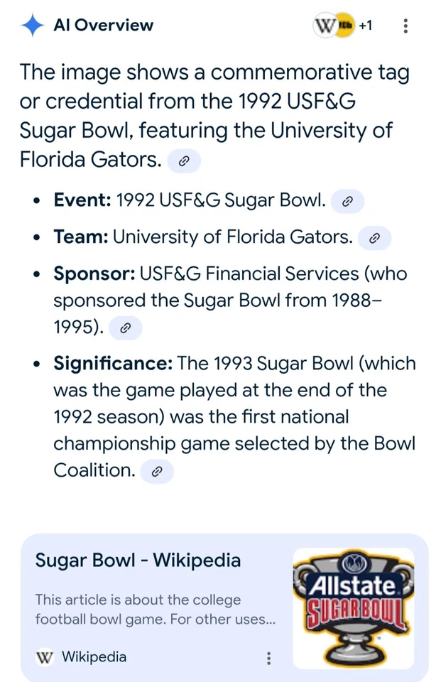 1992 UF Florida Gators USF&G Sugar Bowl College Football Travel Tag Gainesville  - Image 4 of 4