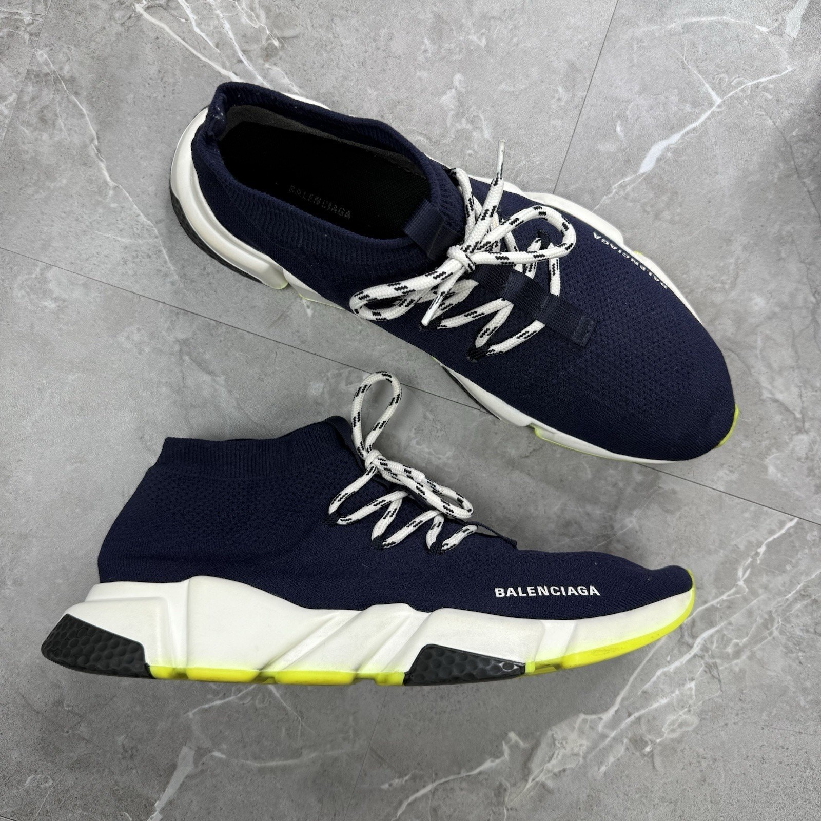 Balenciaga Speed Lace Up Navy White Neon Yellow Sneakers Men’s 13 thumbnail 2