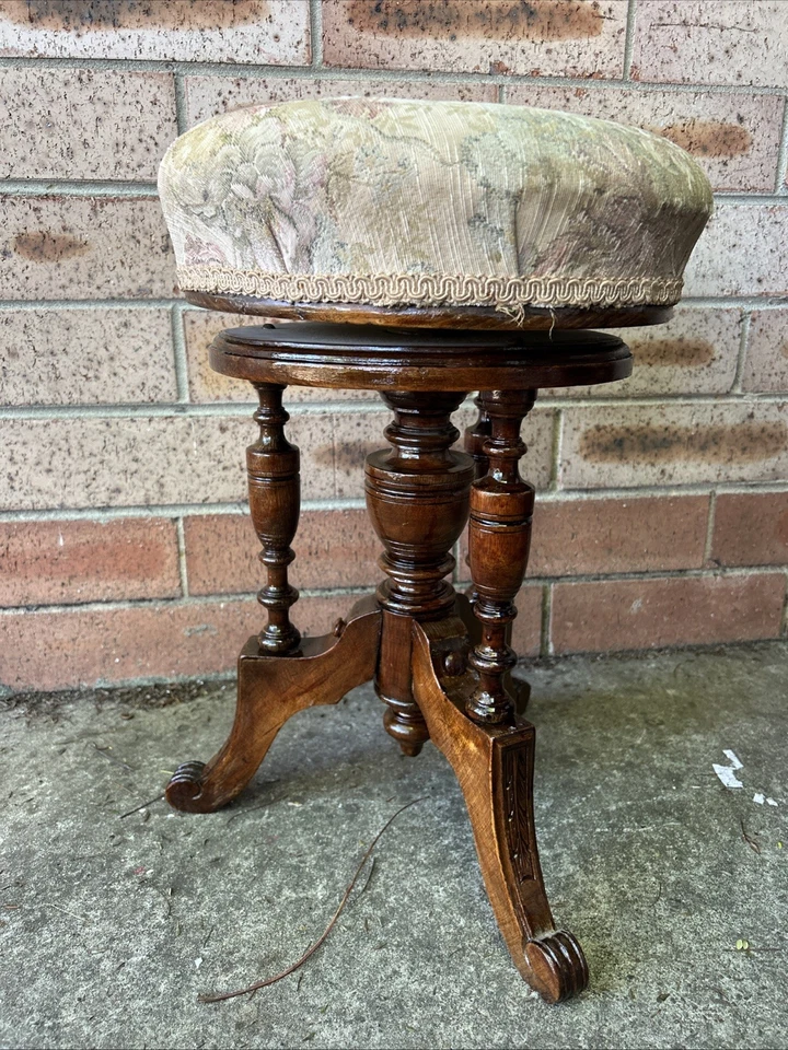 Victorian Mahogany Upholstered Carved Piano Stool Flute columns 3 Splayed Legs — 第 4/4 张图片