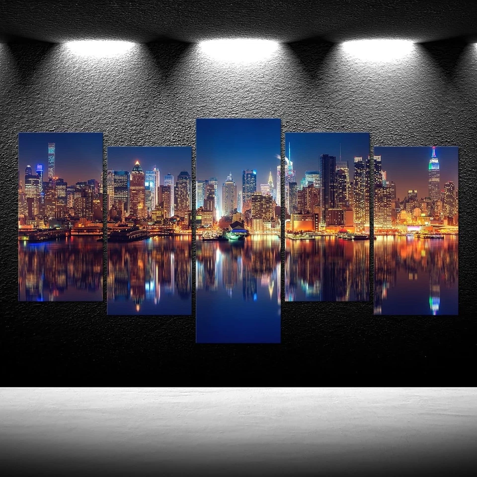 Arte de pared grande de 5 piezas en lienzo de la ciudad de Nueva York horizonte de Manhattan en la noche imagen... Foto 2 de 4