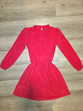 Tommy Hilfiger Womens Size 4 Red Fit Flare Dress Ruffle Neck Puff Sleeve