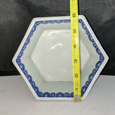 Hexagon blue & white Japanese Chinese ceramic bowl signed approx 6