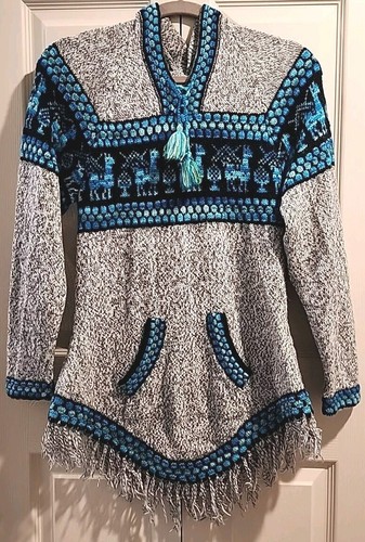 Artesania Edm Alpaca Sweater Hooded Pullover Sz L Gray Blue Tassels Fringe Peru - Picture 2 of 14