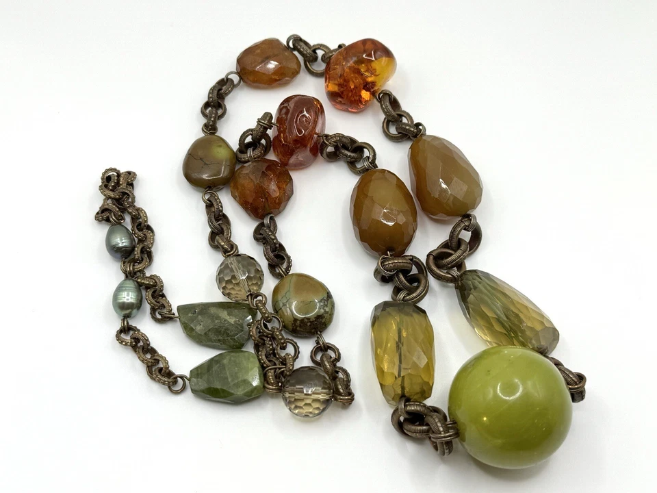 Collar de cadena Stephen Dweck grande grueso con múltiples piedras preciosas ámbar y perla de bronce Foto 2 de 4