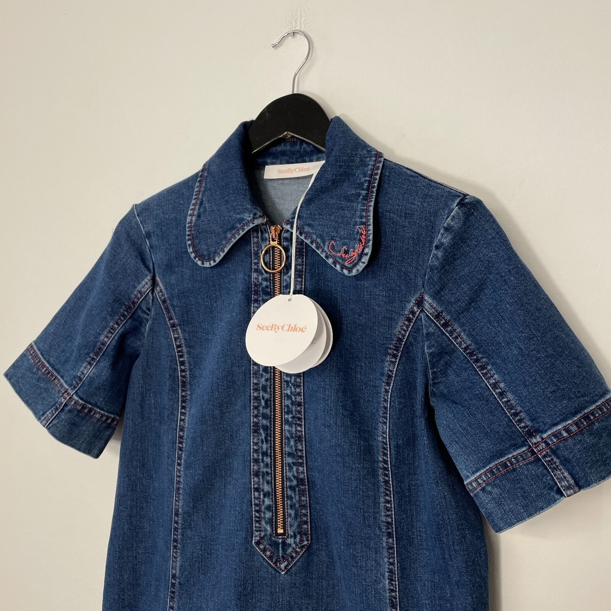 See By Chloe Denim Collared 1/3 Zip Short Sleeve Mini Dress Size 36 Blue