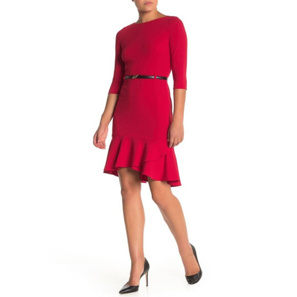 red bardot frill hem midi dress