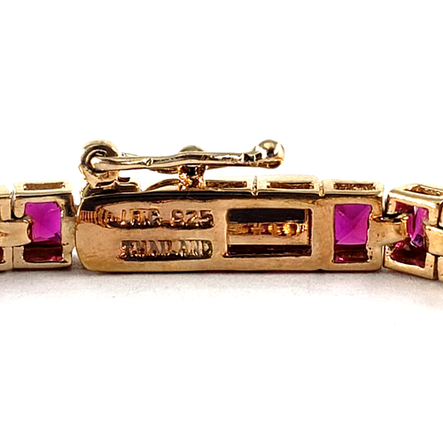 THAILAND Sterling Silver 7" Bracelet Womens Pink Red Princess Cut Tennis Link - 第 6/8 張圖片