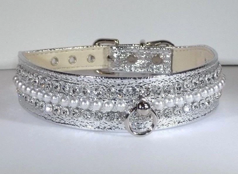 Elegant RHINESTONE Pearl & Jewel BLING DOG COLLAR Silver metallic handmade USA!
Opens in a new windo