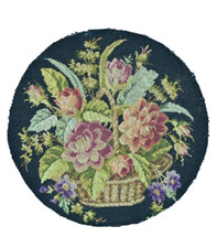Antique Louis XVI Style Small Stitch Fabric Tapestry Still Life Flower Basket