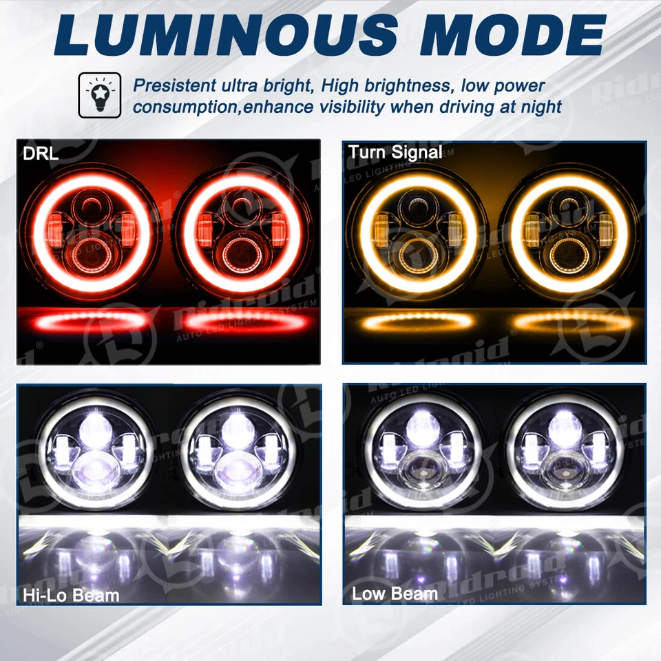 7" inch Round LED Headlights Red Halo DRL for Chevrolet Bel Air 1955 1956 1957 Foto 4 de 4