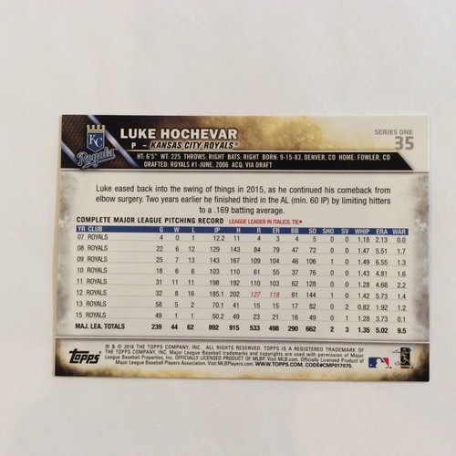 2016 Topps #35 Luke Hochevar Kansas City Royals - Picture 2 of 2