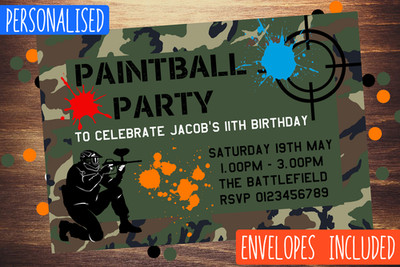 Paintball Geburtstag Party Einladungen Kindereinladungen inklusive Umschläge x12