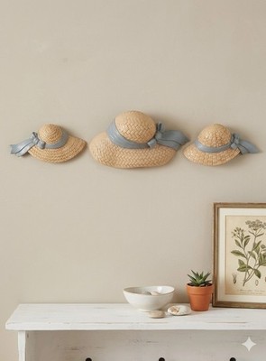 Burwood Prod. Co. Decorative Hat Wall Plaques Set of 3, Plastic Beige Blue