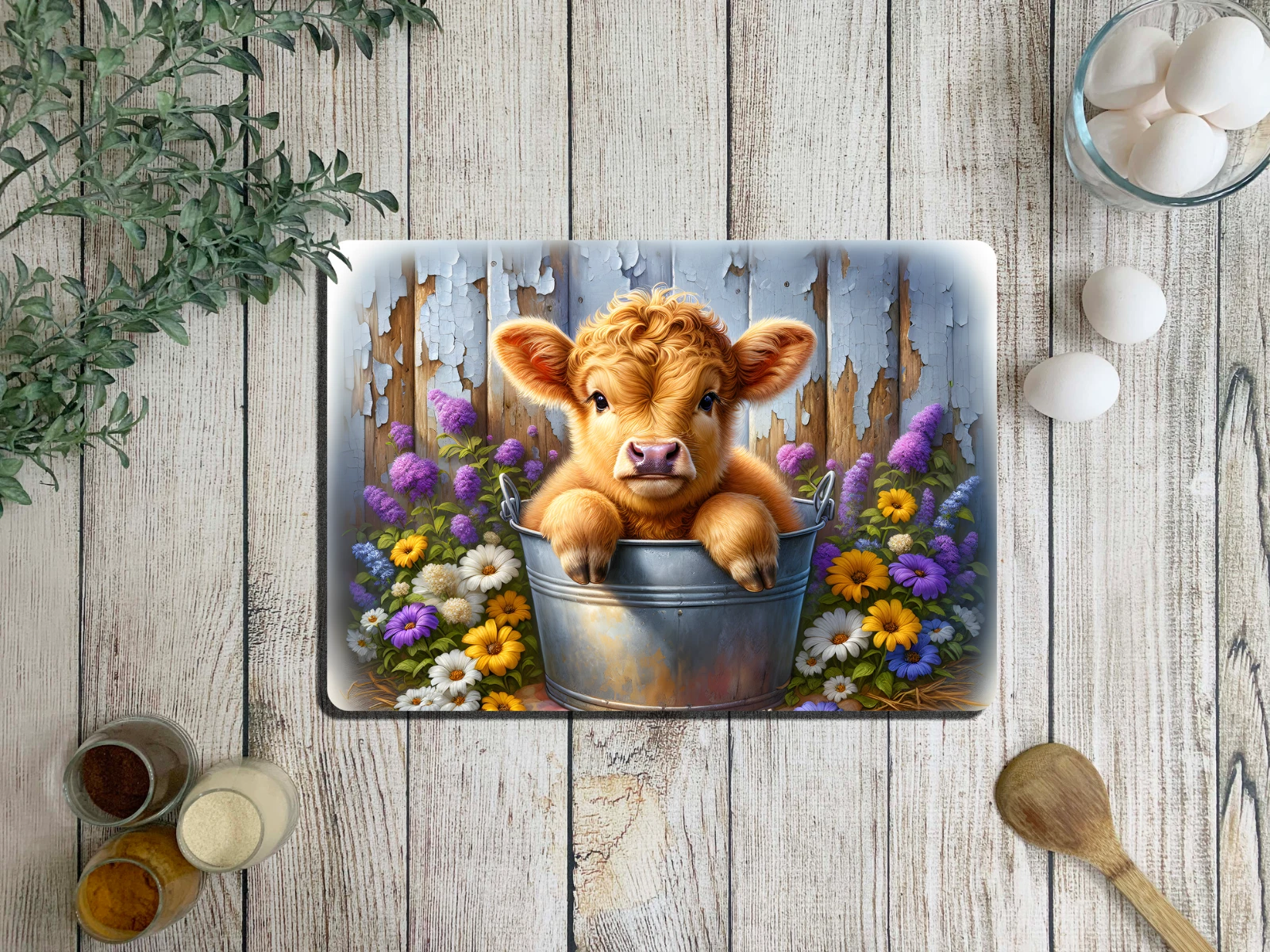 Glass Chopping Cutting Board Worktop Saver, Cute Baby Highland Cow Large