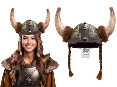 Adult Nordic Viking Helmet with Horns Braids Barbarian Warrior Costume Accessory