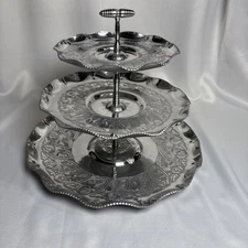 Wilson Specialties Hand Wrought Aluminum 3 Tier Serving Stand Embossed Design