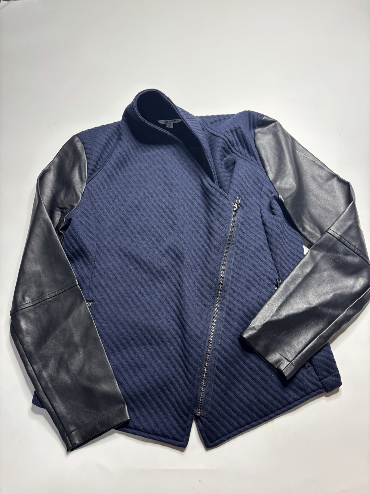 BB DAKOTA Navy and Black Asymmetrical Faux Leather Motorcycle Jacket Women's M